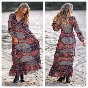 Cienna Ester Maxi Boehemian Ruffle Silk Blend India Dress Size XL